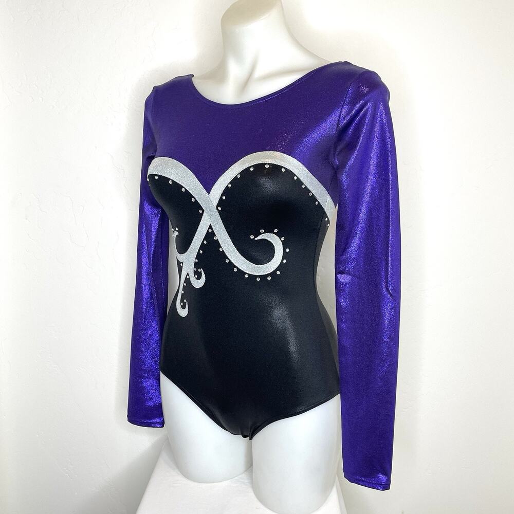 Balera Dance Long Sleeve Shimmer Leotard Womens Small Purple Black